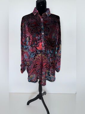 Adore Burnout Velvet Paisley Button Down Tunic Blouse XL Boho